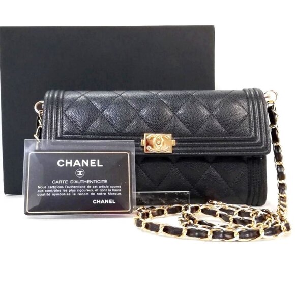 Authentic CHANEL Boy CC Flap Wallet Caviar Leather Chain Shoulder Crossbody Bag - Picture 1 of 5